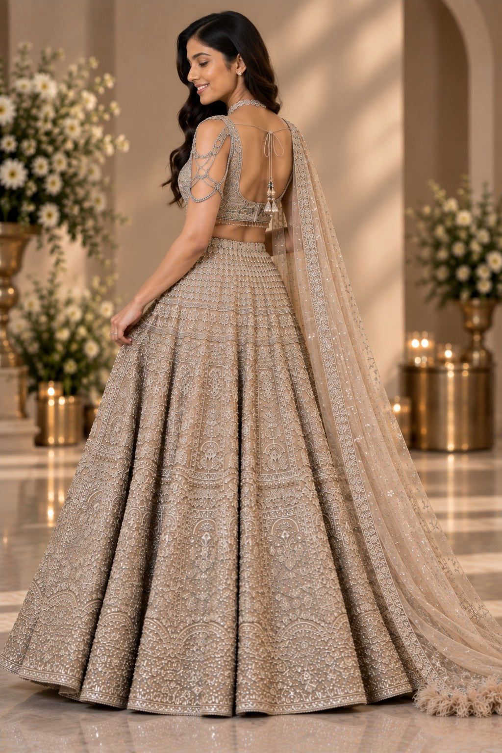 Back three-quarter view of champagne gold embroidered lehenga set with matching dupatta