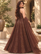 Chocolate brown sequin embellished gown with dupatta back view