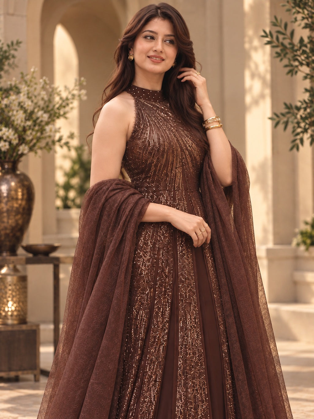 Chocolate brown sequin embellished gown with matching dupatta front detail