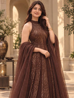 Chocolate brown sequin embellished gown with matching dupatta front detail