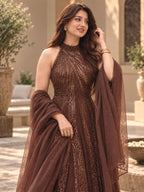 Chocolate brown embellished floor length gown with dupatta side view