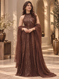 Chocolate brown party wear gown with sequin embellishment and dupatta