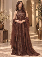 Chocolate brown party wear gown with sequin embellishment and dupatta