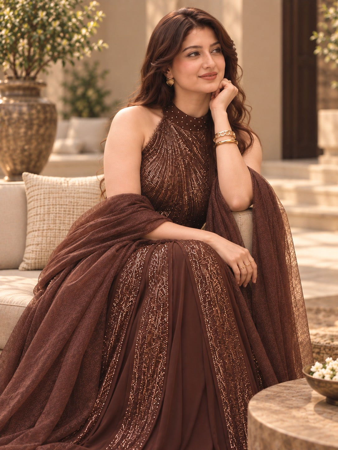 Chocolate brown sequin gown with dupatta seated styling view
