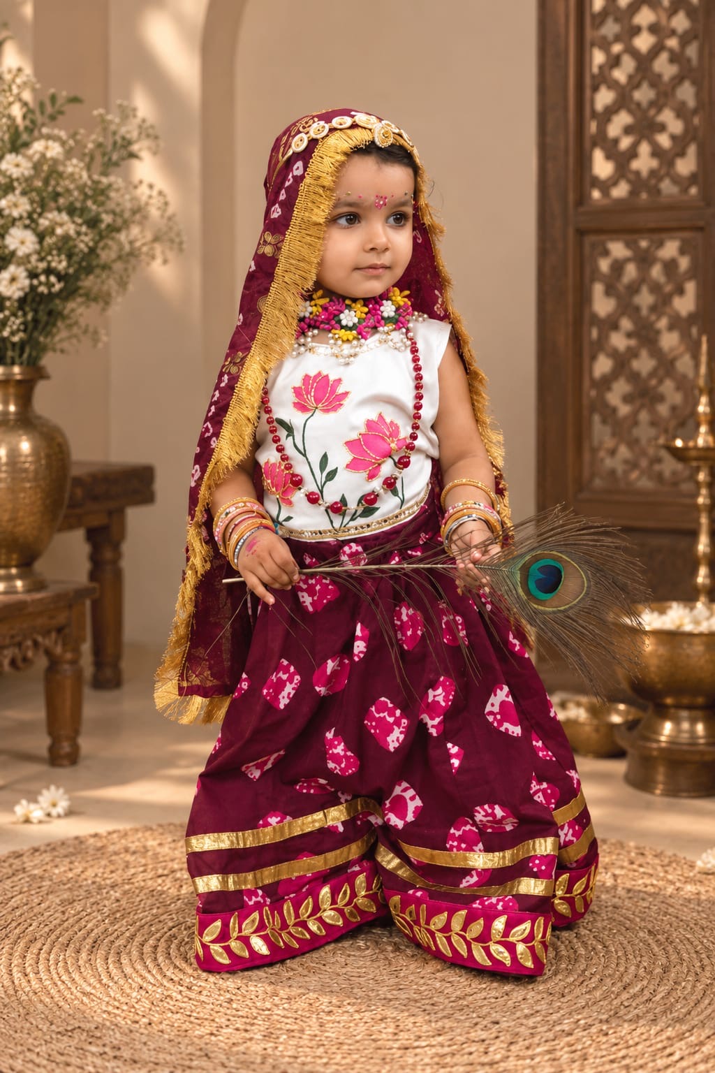 Maroon lotus embroidered girls lehenga choli with dupatta