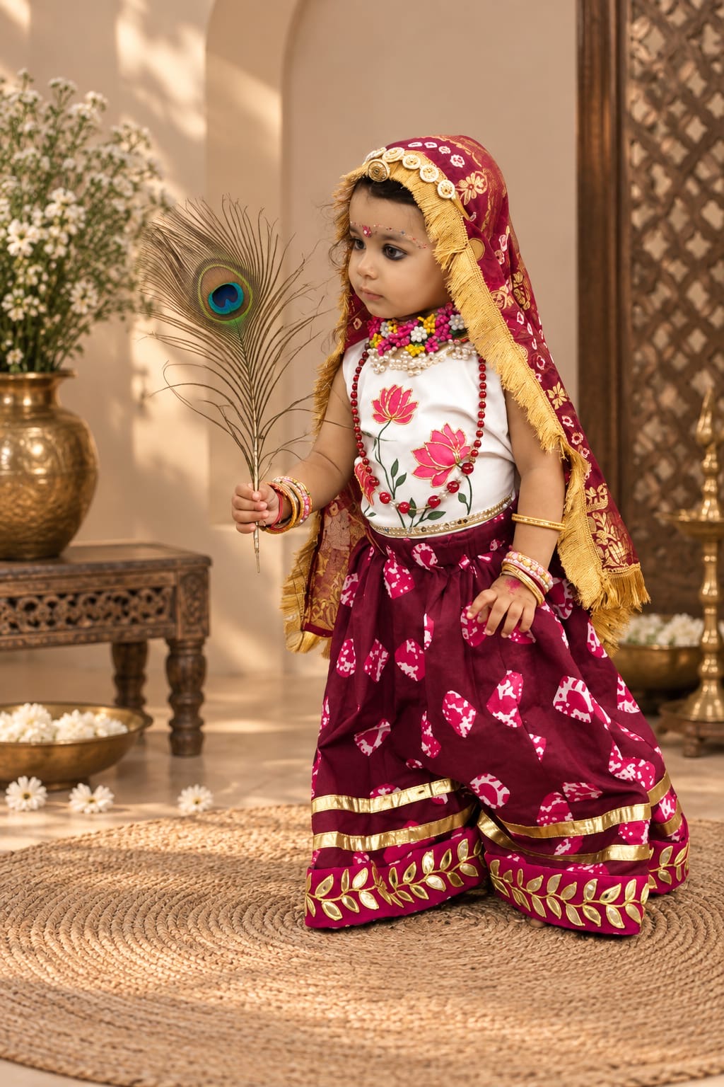 Side view of maroon traditional girls lehenga with dupatta and peacock feather