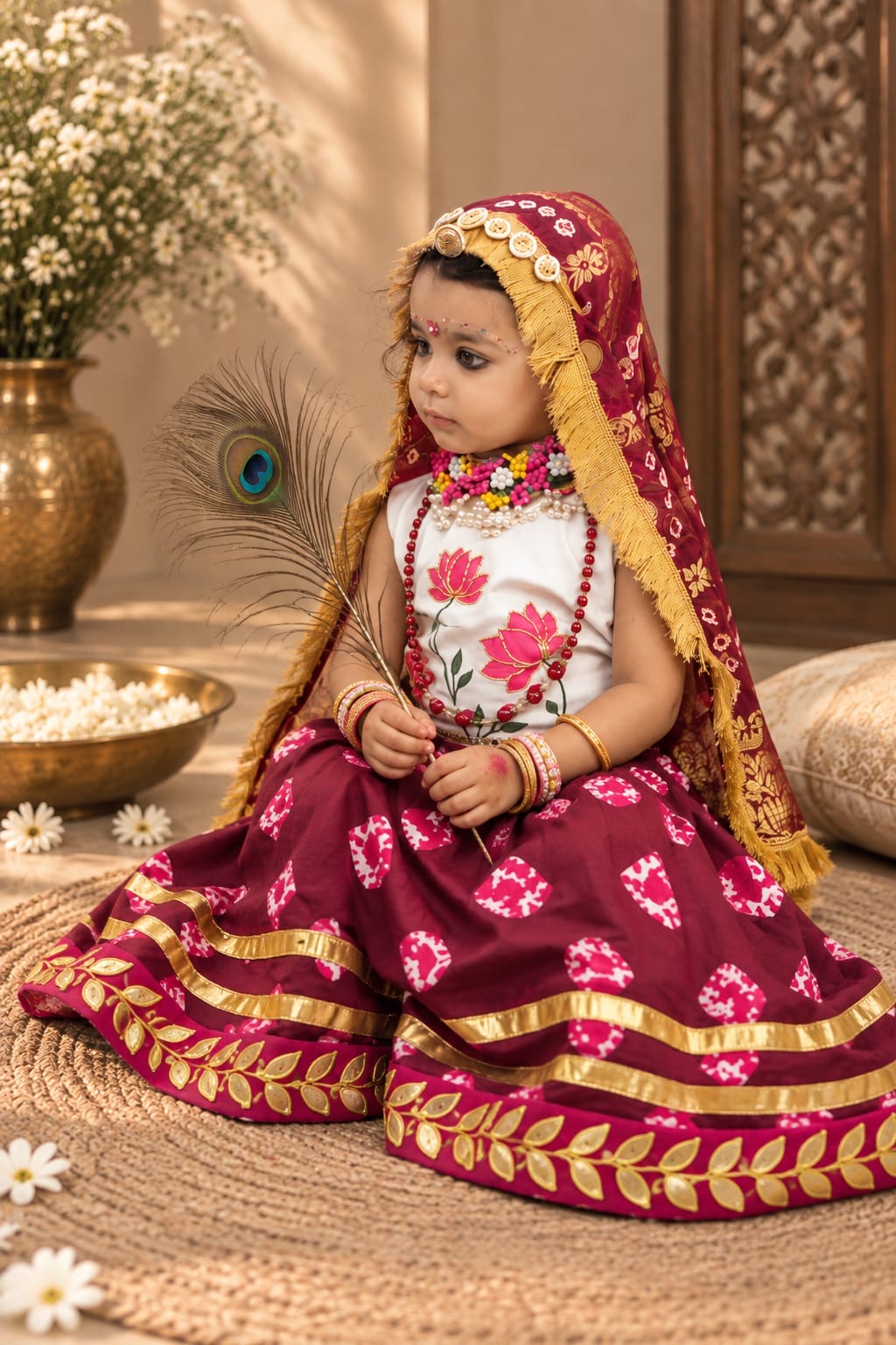 Maroon girls festive lehenga with gold trim and peacock feather detail