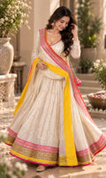 Noor Basanti ivory Anarkali set with yellow and pink dupatta for women