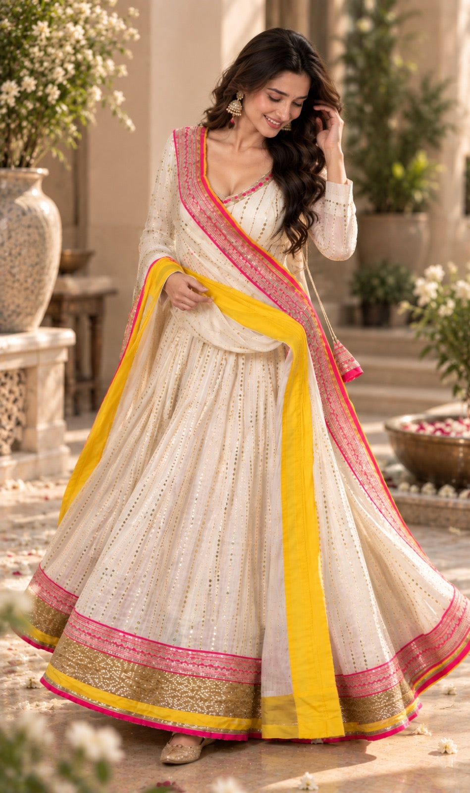 Noor Basanti ivory Anarkali set with yellow and pink dupatta for women