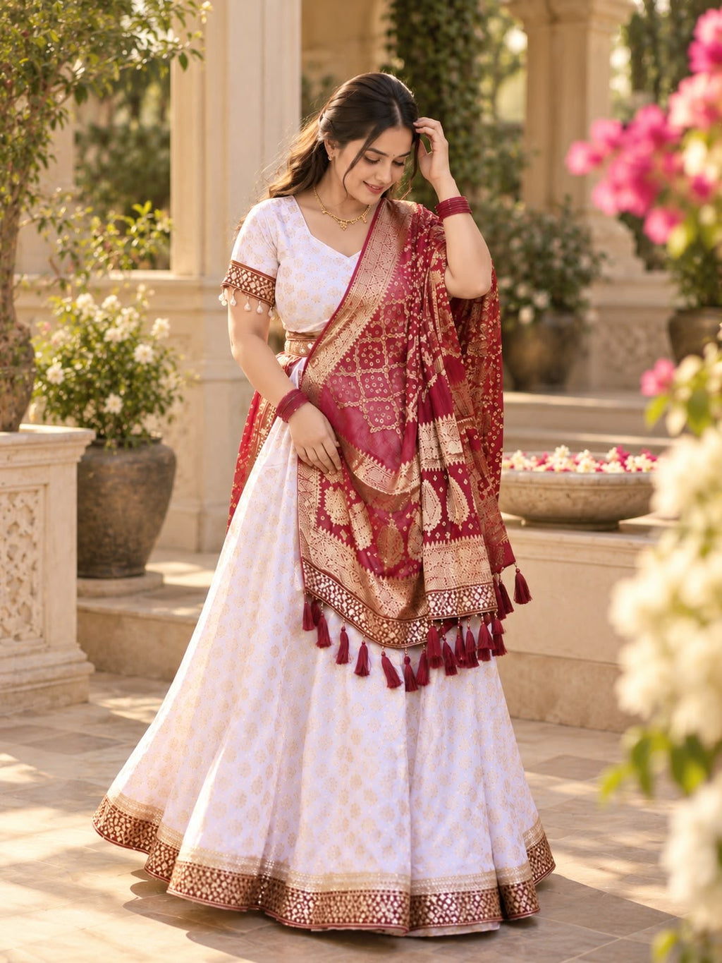 Noor ivory and maroon embroidered lehenga set, candid styling view