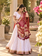 Noor ivory and maroon embroidered lehenga set, candid styling view