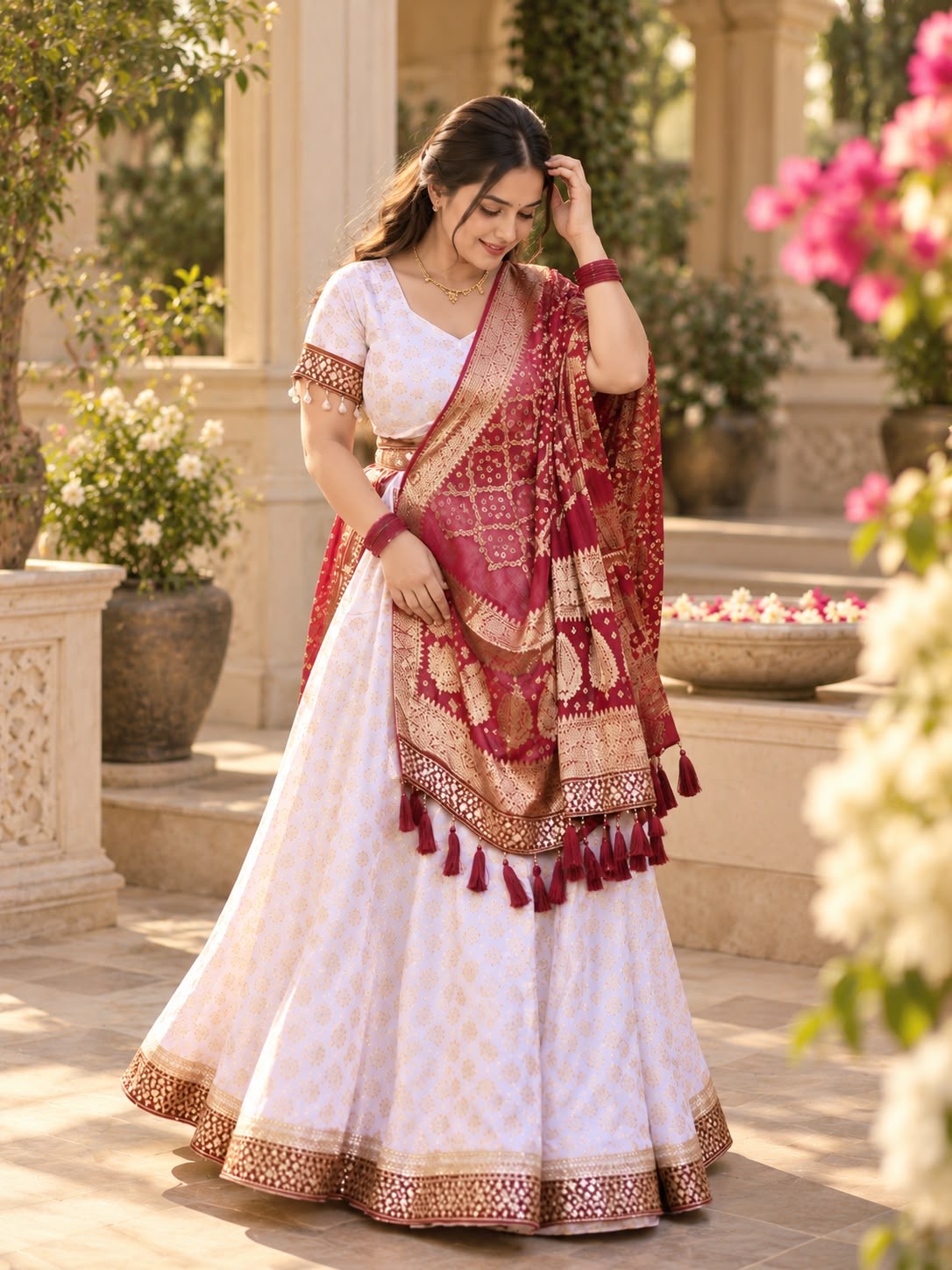 Noor ivory and maroon embroidered lehenga set, candid styling view