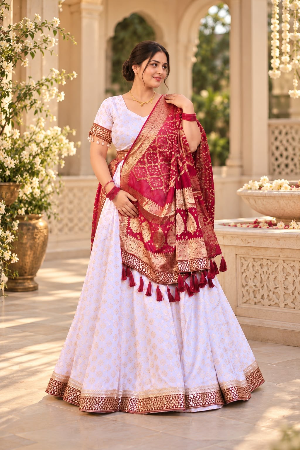 Noor ivory lehenga with maroon and gold ornate embroidered border, three-quarter view