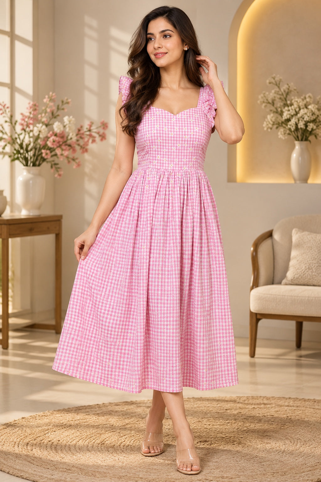 Back view of pink gingham women's dress with ruffle shoulder straps