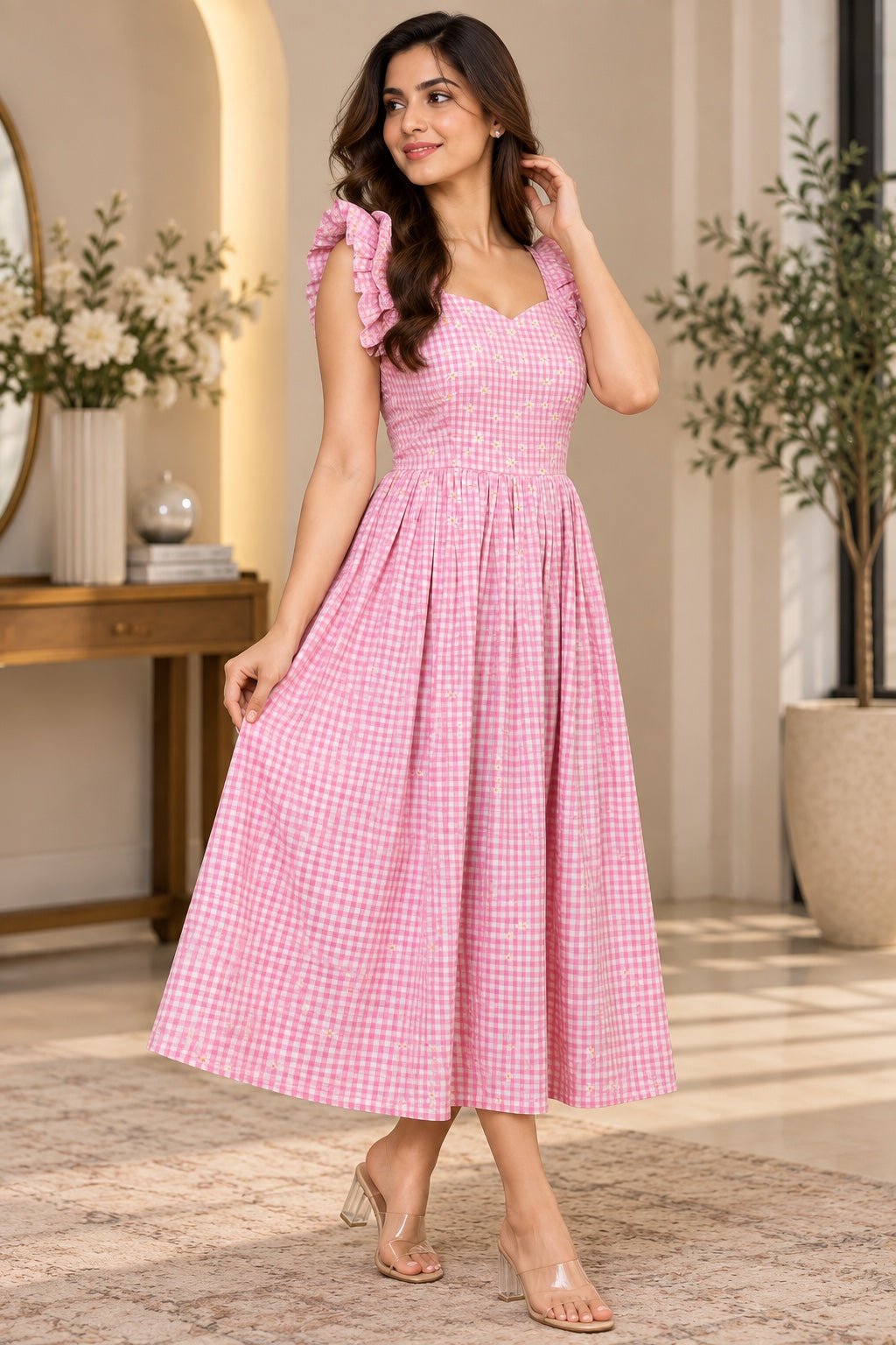 Pink gingham women's dress with floral embroidery style detailing and ruffle sleeves