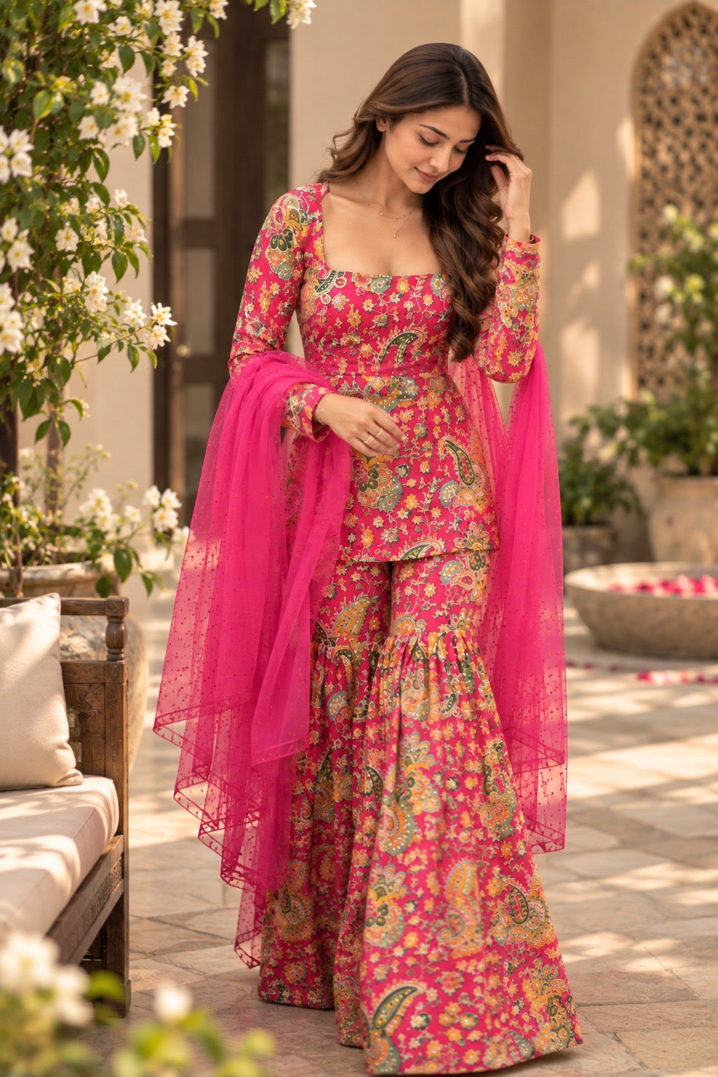 Pink paisley printed flared kurta set with dupatta