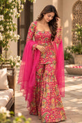 Pink paisley printed flared kurta set with dupatta