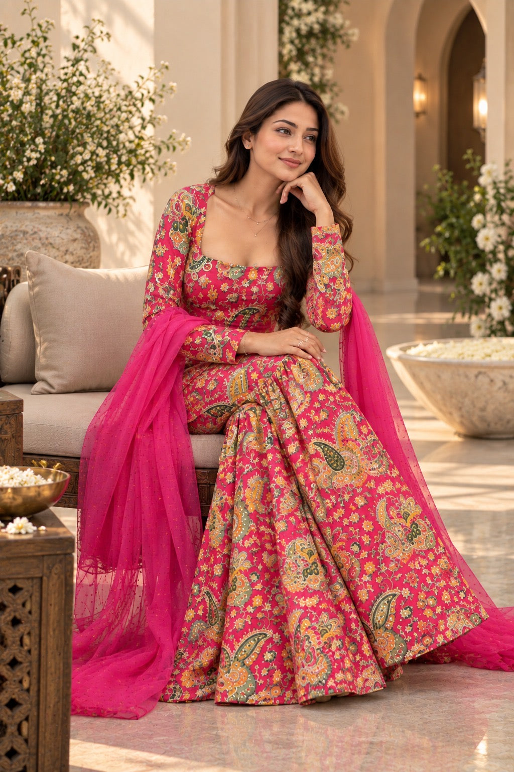 Pink paisley printed flared kurta set seated look