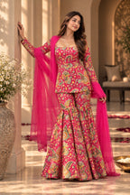 Pink paisley printed flared kurta set front view with dupatta