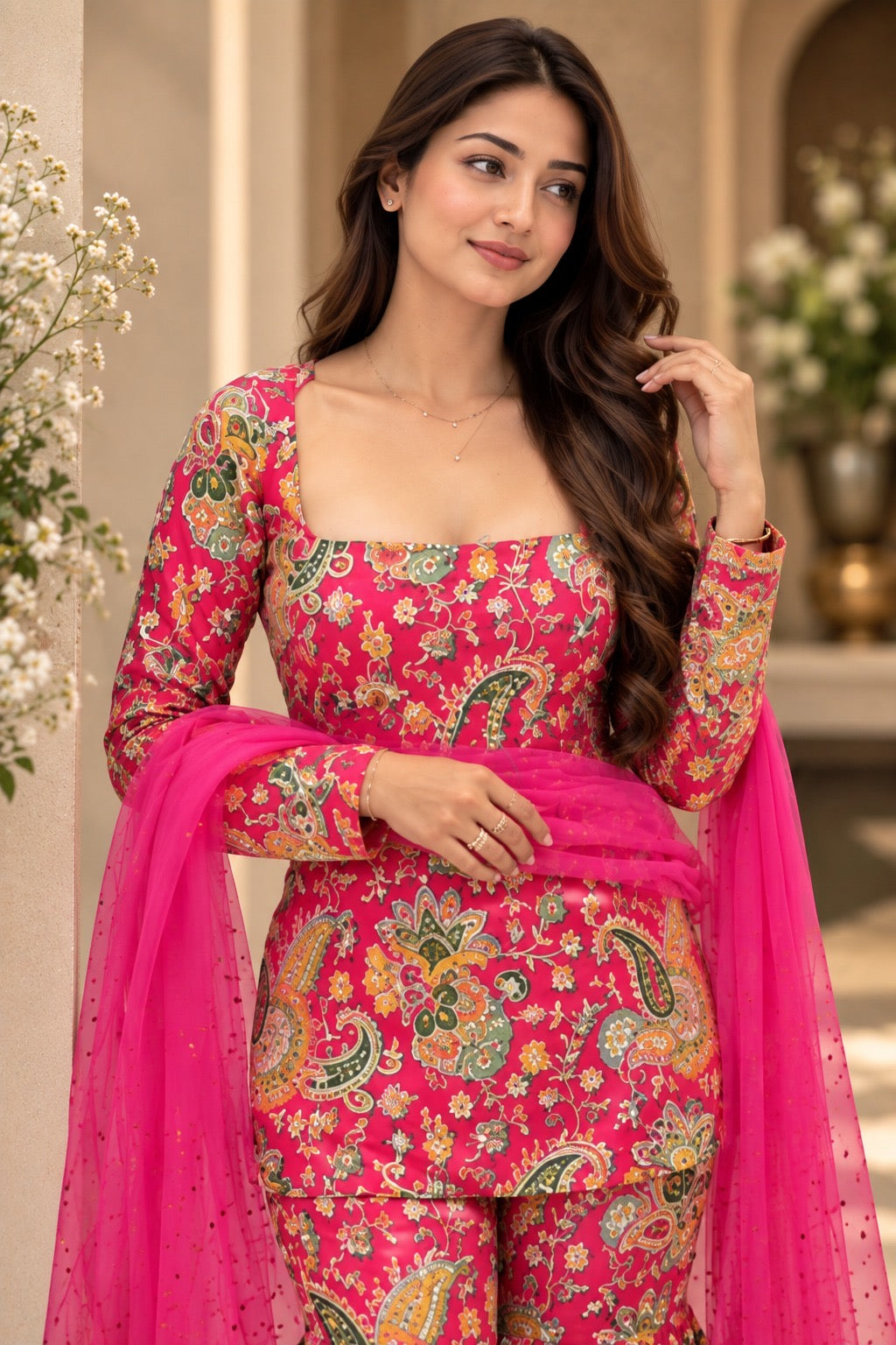 Pink paisley printed flared kurta set close-up