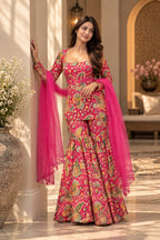 Pink paisley printed flared kurta set full length