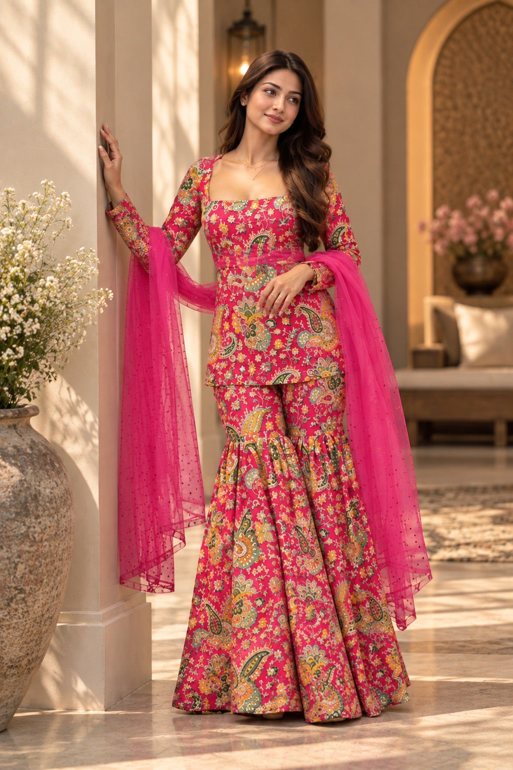 Pink paisley printed flared kurta set full length