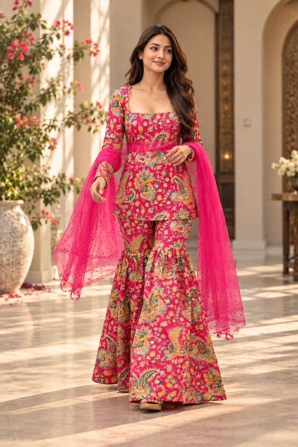 Pink paisley printed flared kurta set walking look