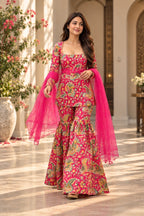 Pink paisley printed flared kurta set walking look