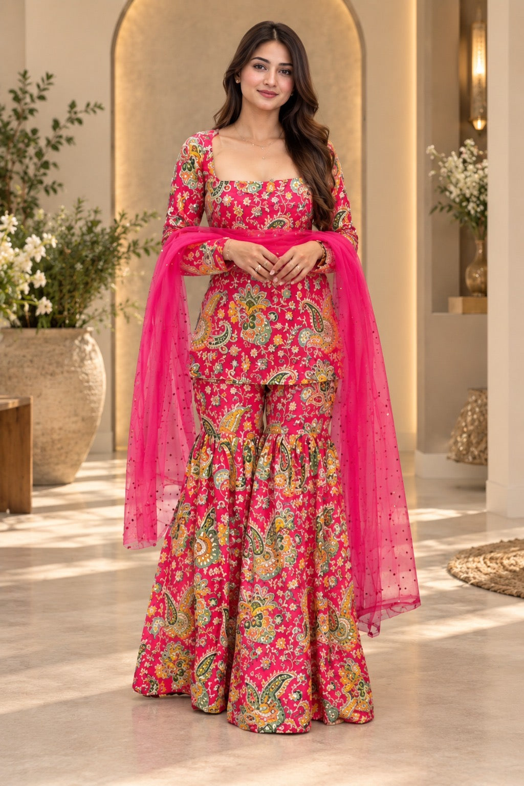Pink paisley printed flared kurta set detail view