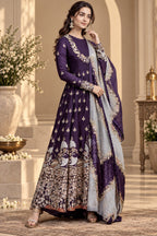Deep purple Anarkali suit with floral embroidery and embellished dupatta detail, Silai Parampara Studio