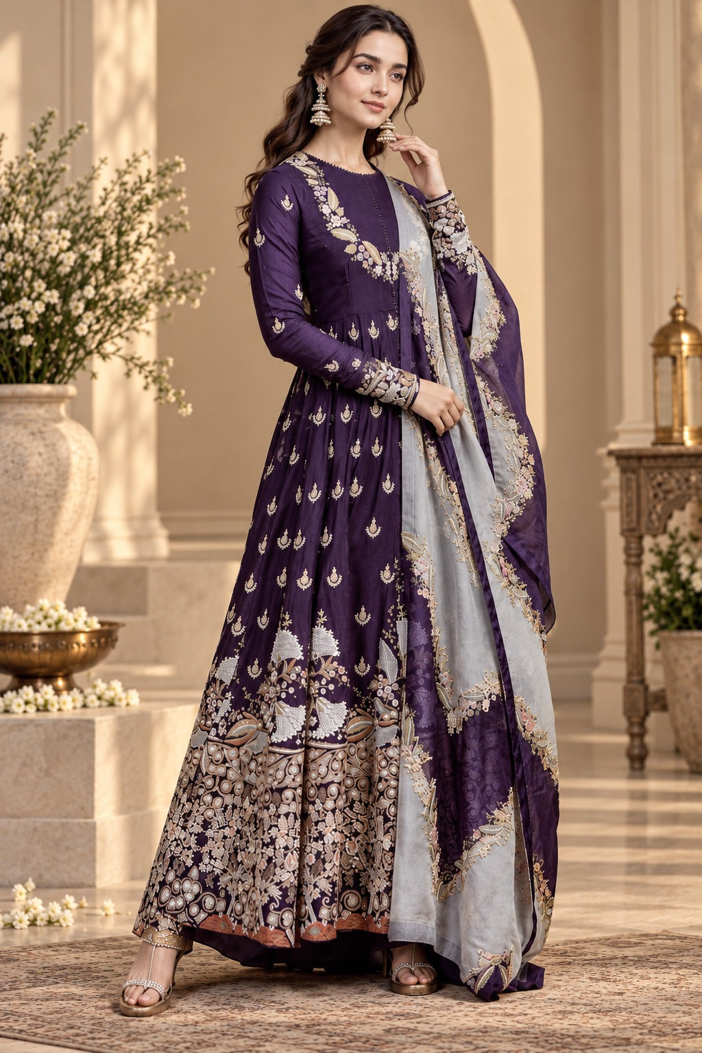 Deep purple Anarkali suit with floral embroidery and embellished dupatta detail, Silai Parampara Studio