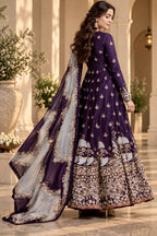 Deep purple embroidered Anarkali suit with full sleeves and flowing dupatta, back view, Silai Parampara Studio