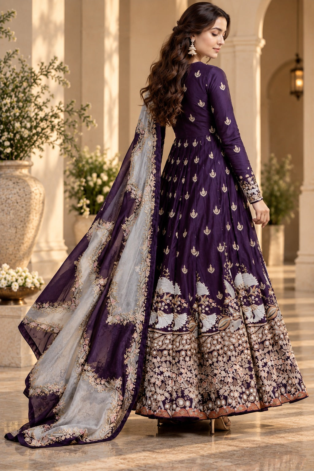 Deep purple embroidered Anarkali suit with full sleeves and flowing dupatta, back view, Silai Parampara Studio