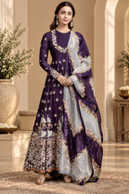 Deep purple embroidered Anarkali dress with floral motifs and ornate hem, front view, Silai Parampara Studio