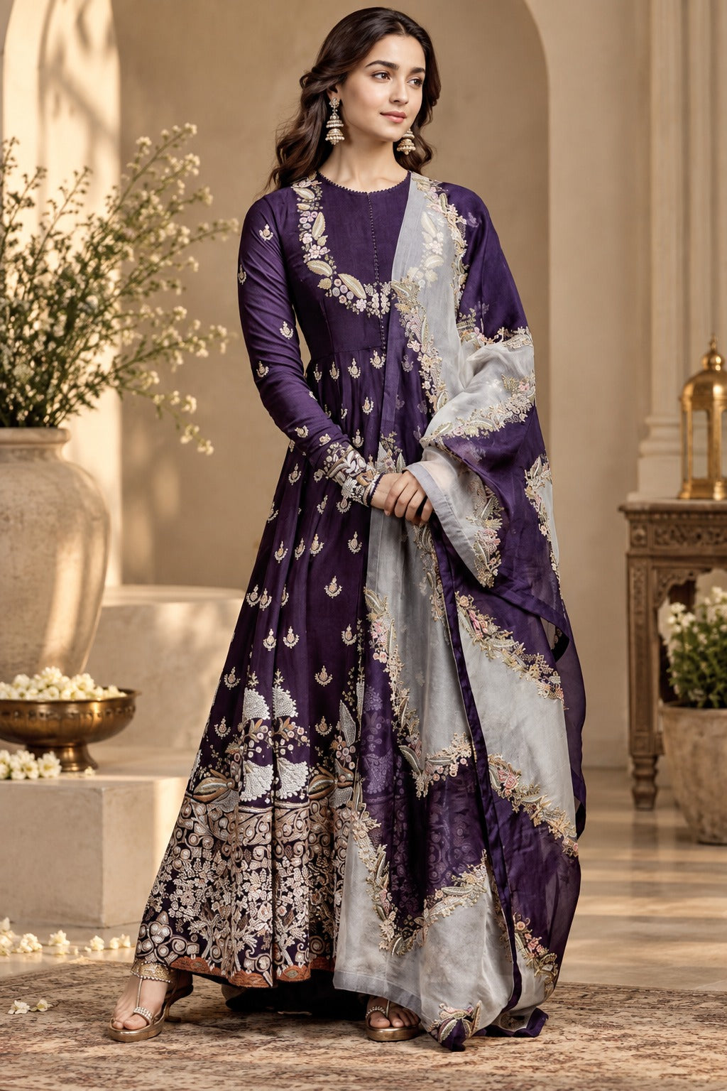 Deep purple embroidered Anarkali suit with sheer dupatta, front view, Silai Parampara Studio