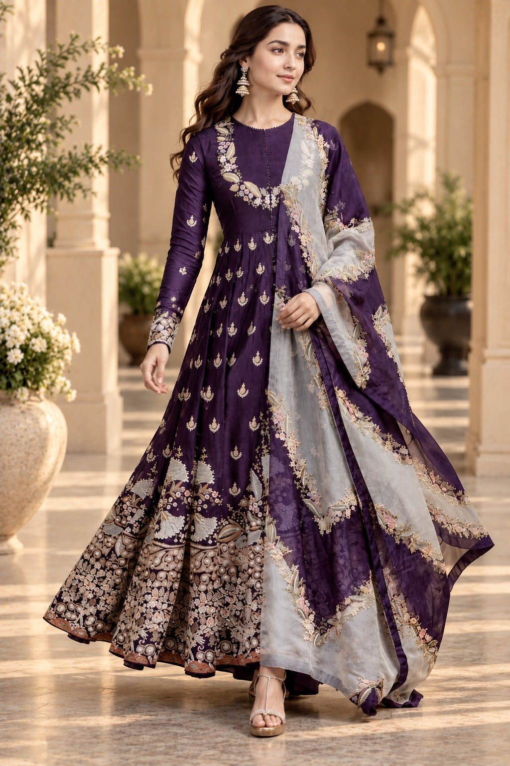Deep purple embroidered Anarkali occasion wear with sheer dupatta, full length view, Silai Parampara Studio