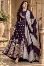 Deep purple embroidered Anarkali suit with detailed border and dupatta, side view, Silai Parampara Studio