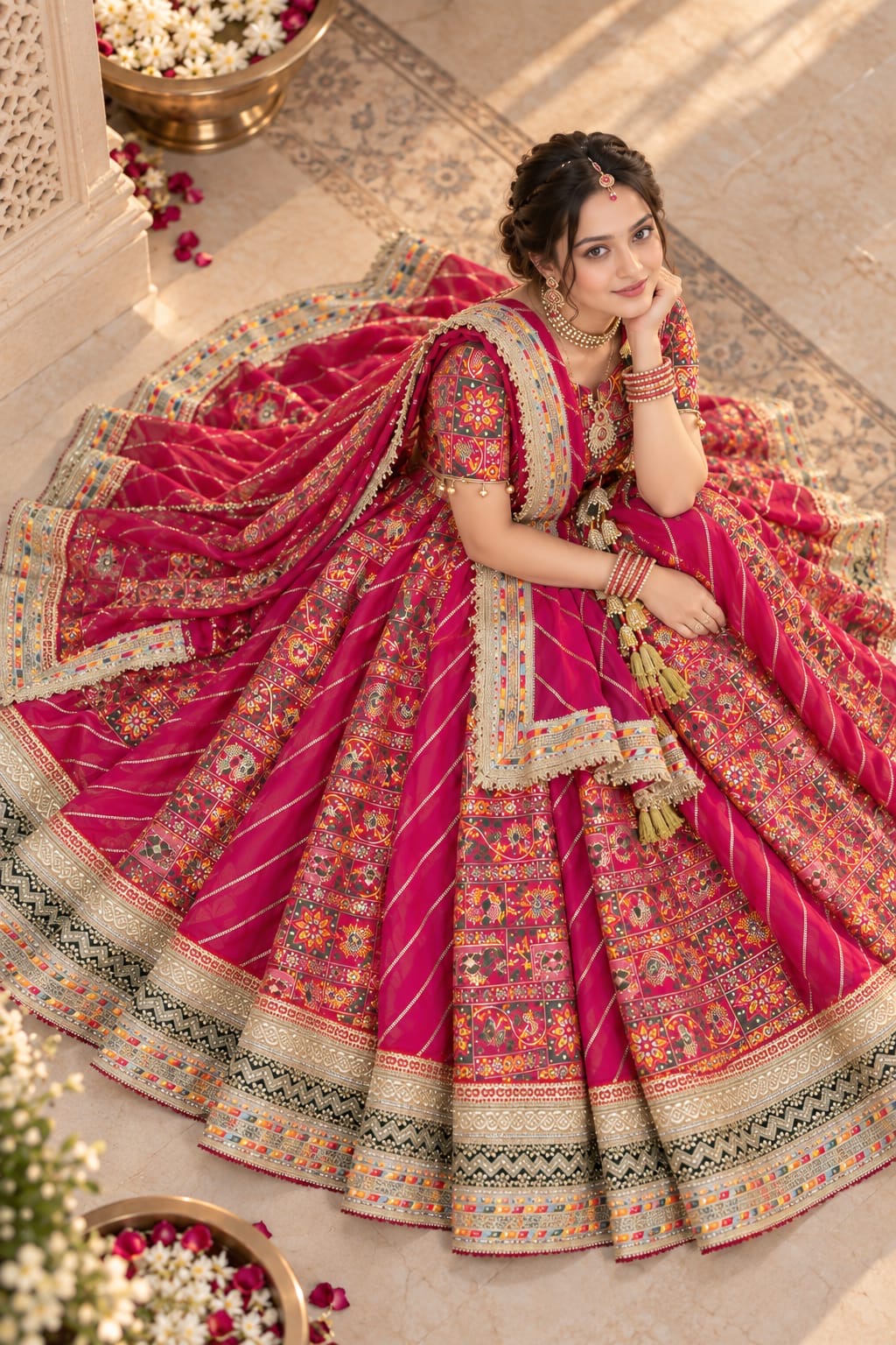 Close view of rani pink printed lehenga, choli and embellished dupatta details