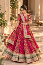 Rani pink printed festive lehenga set with dupatta styled for an Indian celebration