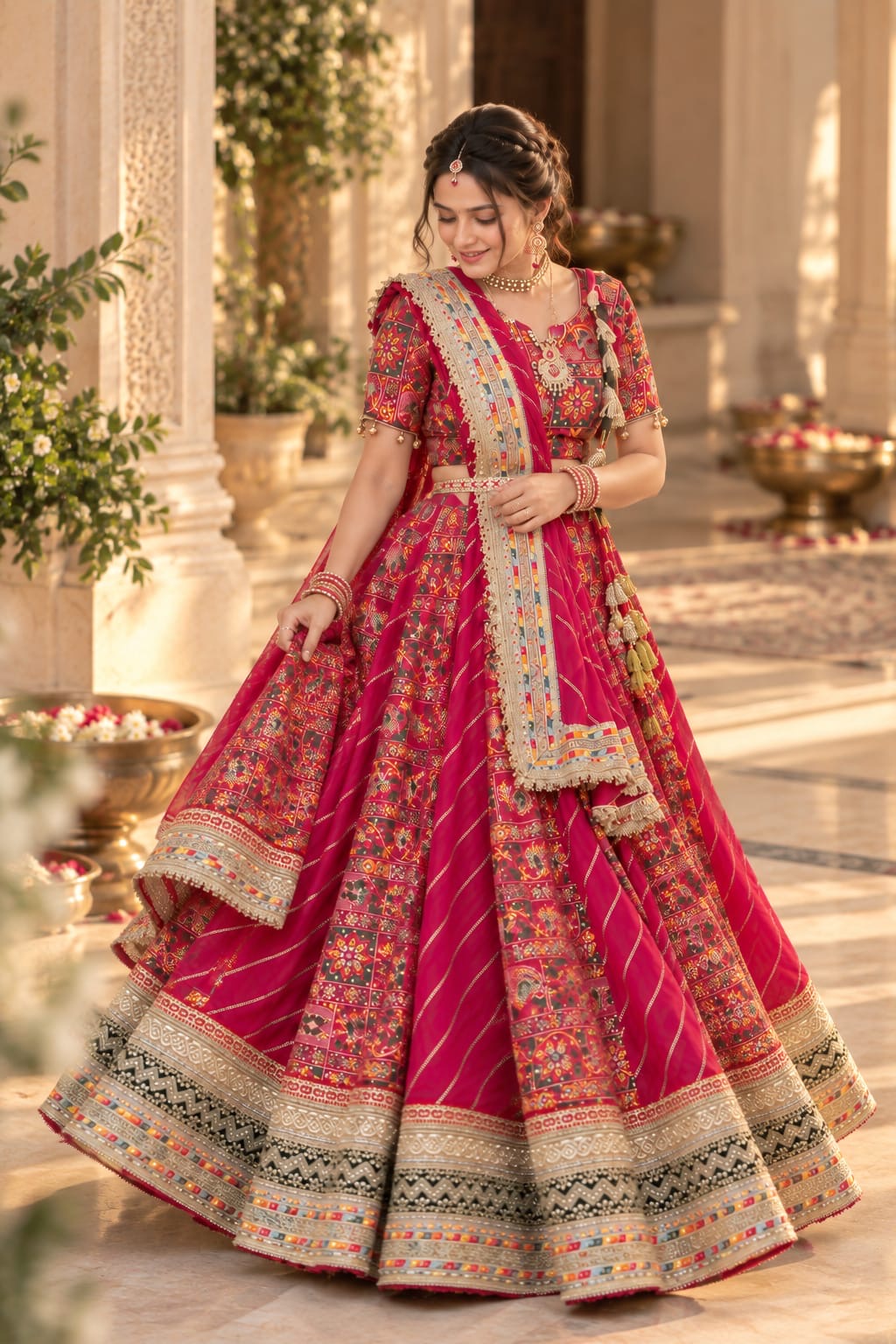 Rani pink printed festive lehenga set with dupatta styled for an Indian celebration