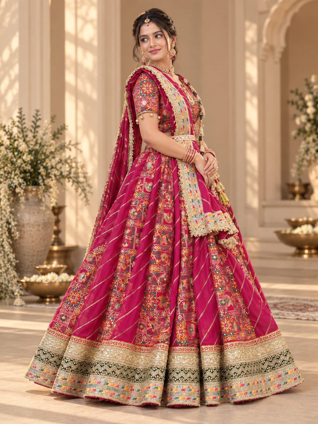 Rani pink printed lehenga set with ornate border detailing and flowing dupatta