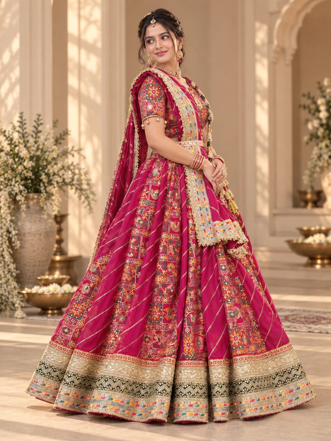 Rani pink printed lehenga set with ornate border detailing and flowing dupatta