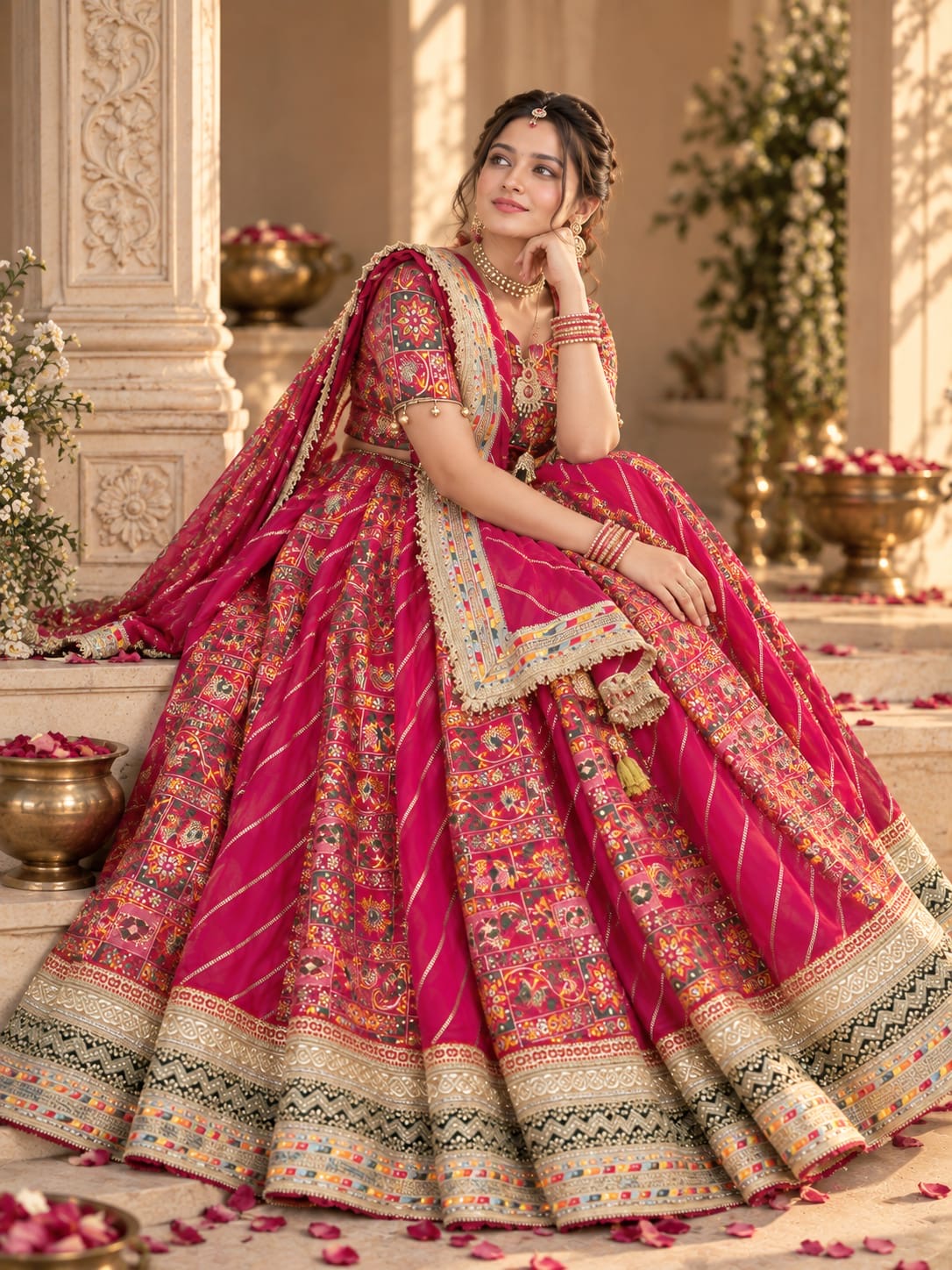 Rani pink printed lehenga with detailed borders and embellished dupatta