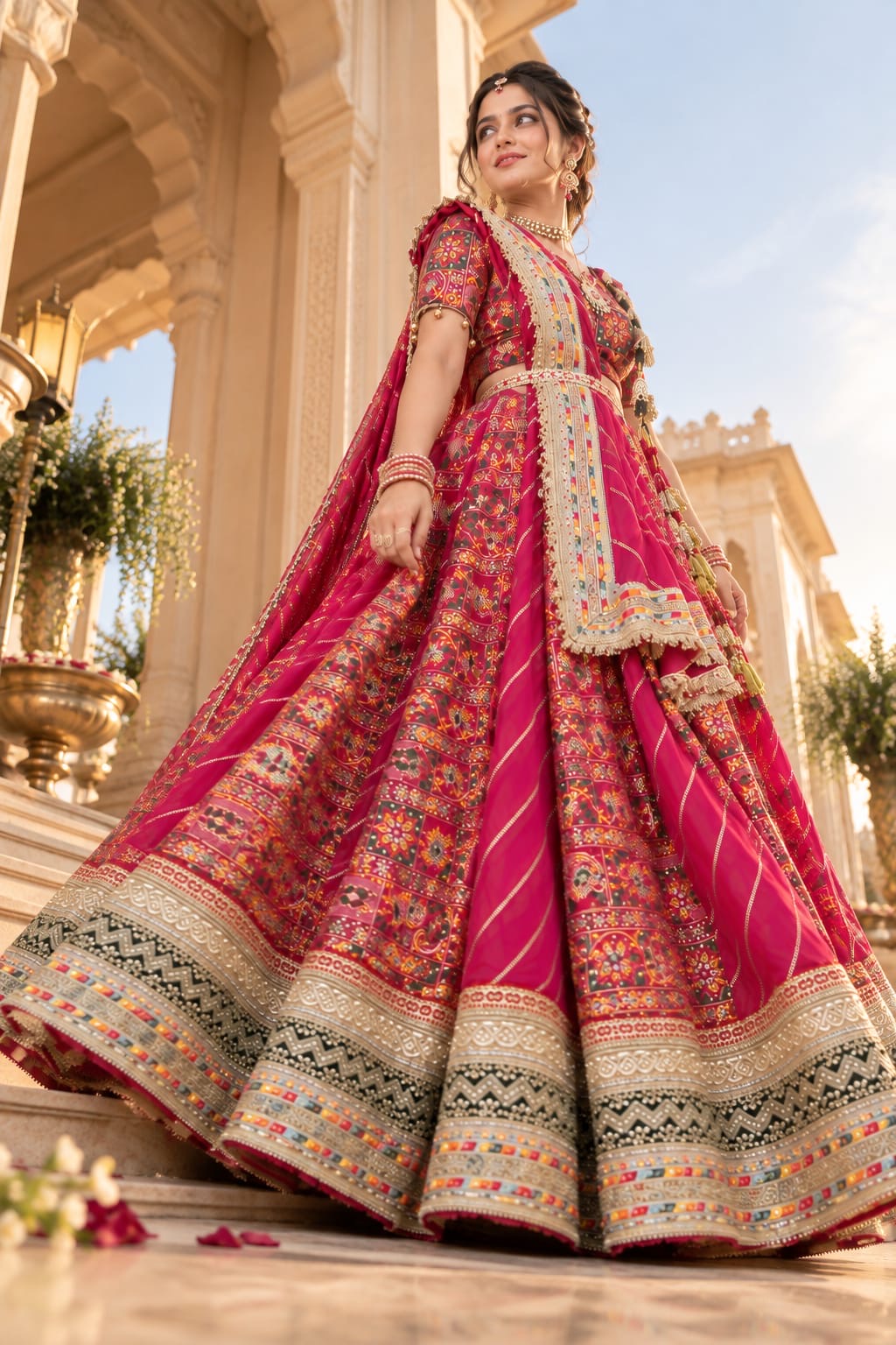 Rani pink printed lehenga spread showing the full skirt pattern, borders and dupatta