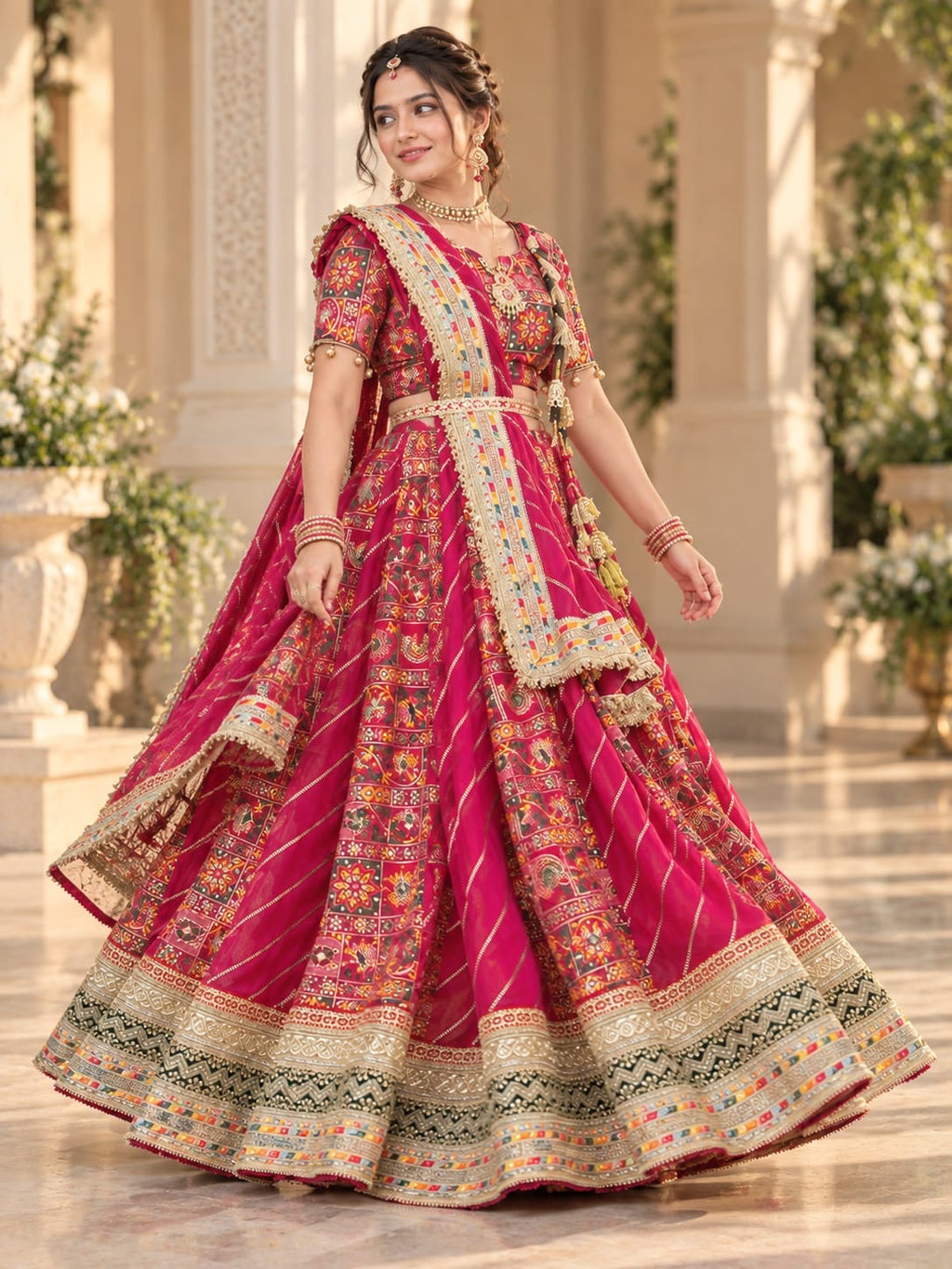 Rani pink custom-made lehenga set showing the full flared silhouette and detailed hem