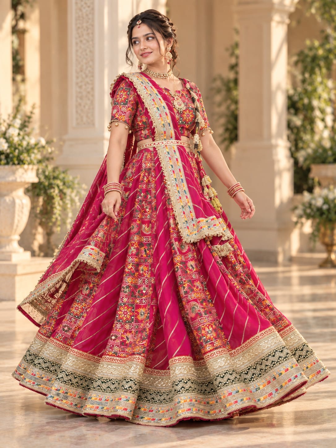 Rani pink custom-made lehenga set showing the full flared silhouette and detailed hem