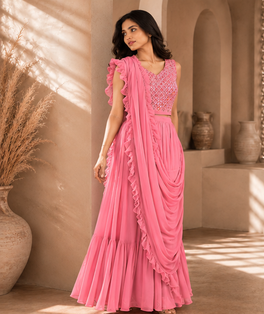 Rani Pink Draped Ruffle Saree Set - Pink
