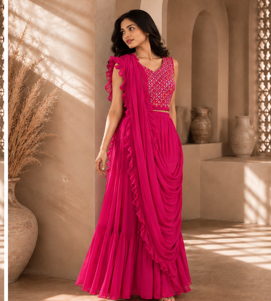Rani Pink Draped Ruffle Saree Set - Rani Pink