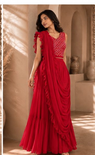 Rani Pink Draped Ruffle Saree Set - Red