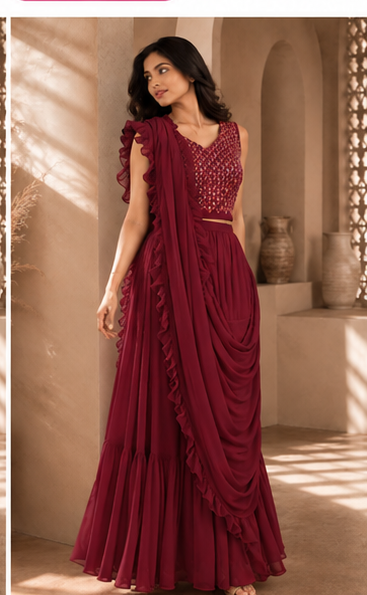 Rani Pink Draped Ruffle Saree Set - Wine
